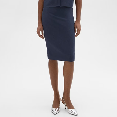 navy pencil skirt, navy top and silver shiny heels