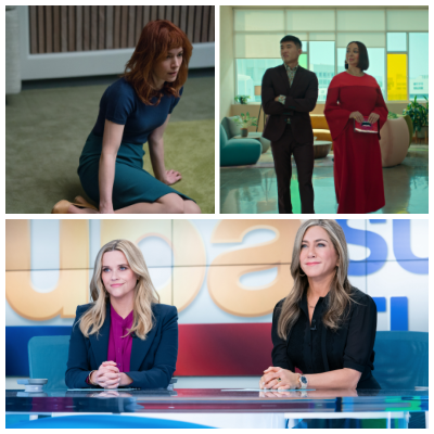 collage of three screenshots from Apple TV shows: 1) Helly from Severance sits on the ground in a teal pencil skirt and royal blue blouse, 2) Maya Rudolf from Loot wears a long caftanish dress that is red and pink, and 3) Reese Witherspoon and Jennifer Aniston are in character as news anchors in The Morning Show
