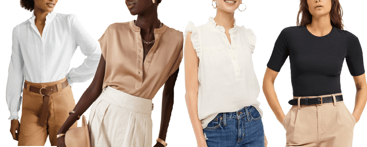 collage of four models wearing 1) white blouse with ruffle trim 2) collarless silky beige blouse with half placket 3) sleeveless gauzy top with ruffle trim and half placket and 4) black crewneck bodysuit