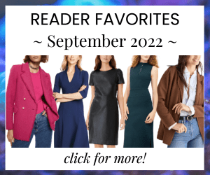 house ad reads "READER FAVORITES: September 2022," and leads to a post rounding up the readers' most-bought items in September 2022. The collage features professional women wearing some of the reader favorite workwear finds from last month, including a hot pink blazer, a navy dress, a black faux leather dress, a green skirt with a matching top, and a brown sweater jacket.
