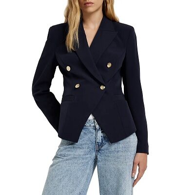 Navy double-breasted blazer with gold tones buttons