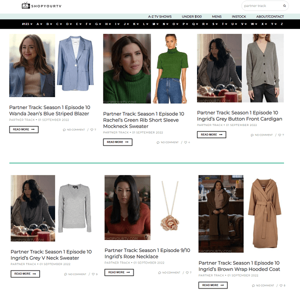 one of the best sites to find anything worn in tv shows: Shop Your TV (screenshot of their content about the TV show Partner Track)