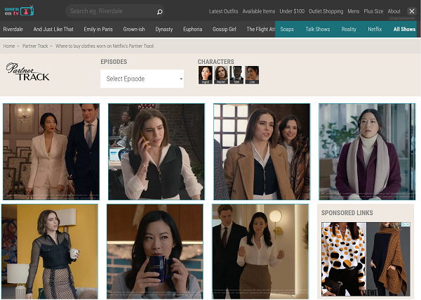 one of the best sites to find anything worn in tv shows: Worn on TV (screenshot of their content about the TV show Partner Track)