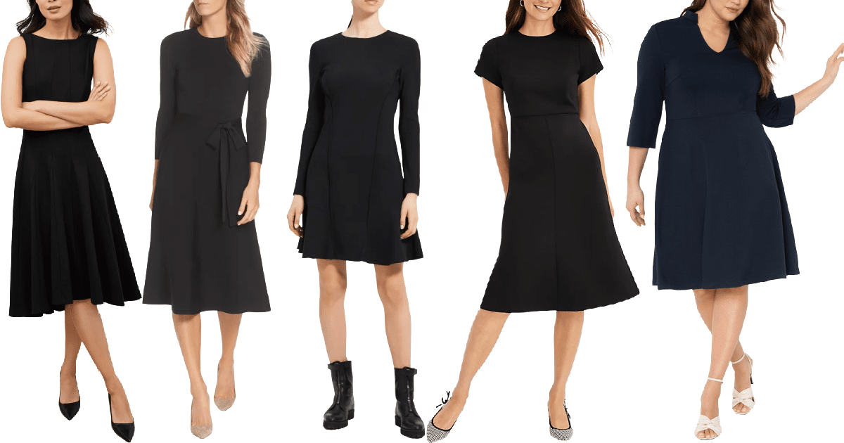 collage of 5 professional women wearing fit and flare work dresses from 2022