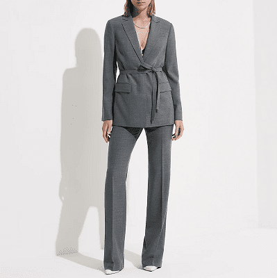 gray suit with trousers and a tie-waist blazer with a notch collar