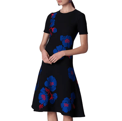 flared work dress with flowers in cobalt and red 