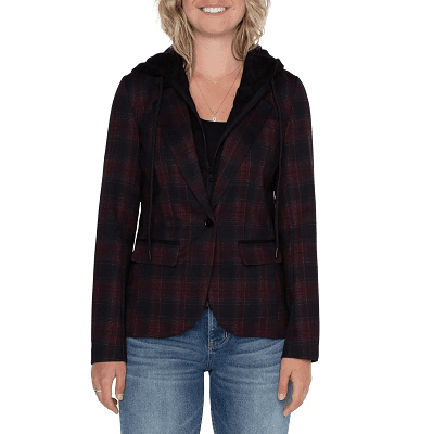 blonde woman wears a hooded blazer - red and black plaid blazer with a built-in black hoodie