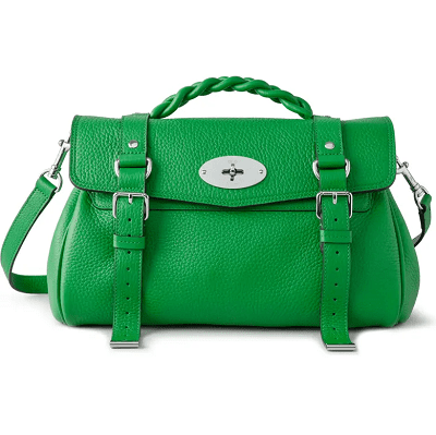 bright green satchel purse with details like a turnlock, straps and a braided handle