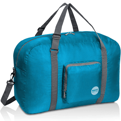 teal blue nylon duffle bag with gray straps