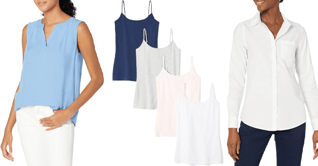 great work basics to buy at amazon include a sleeveless blouse, a 4-pack of camisoles, and a plain white button-front