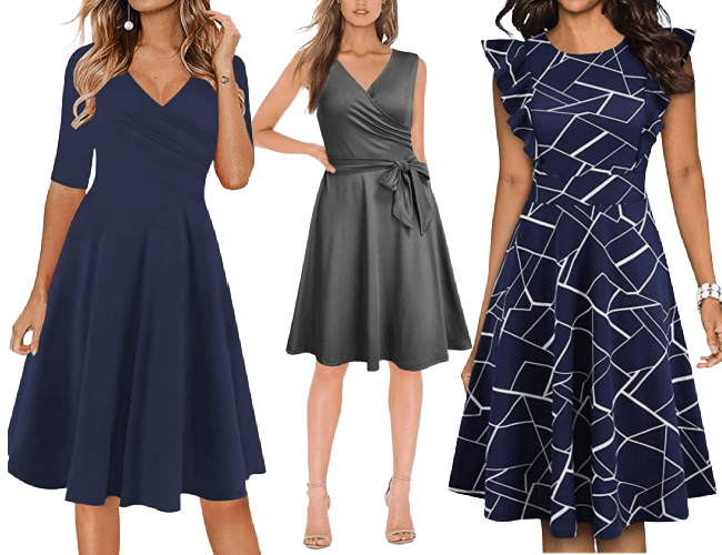 some nice work dresses to buy at Amazon include this navy flared dress with elbow sleeves, a gray wrap dress, and a navy print flared dress with flutter shoulder details on a crewneck