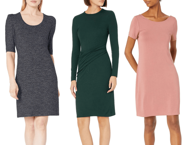 great work dresses to buy from Amazon brand Daily Ritual include a gray knit dress with puff sleeves, a dark green dress with draping at the waist, and a pink ballet neck T-shirt dress for more business casual offices 