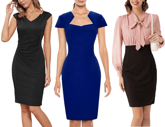 three work outfits you can buy at Amazon: a black dress, a cobalt dress with a shaped neckline, and a tie-neck twofer dress