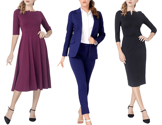 great work outfits to buy at Amazon include a burgundy flared dress, a navy suit, and a black sheath dress with sleeves