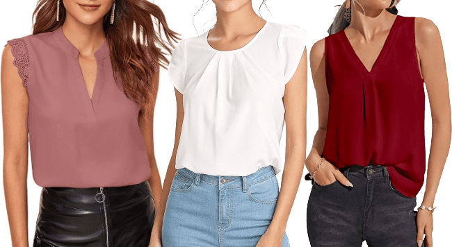 great tops for work you can buy at Amazon include a dusty rose notch neck with lace details, a white blouse with cap sleeves and pleating at the neckline, and a simple sleeveless V-neck