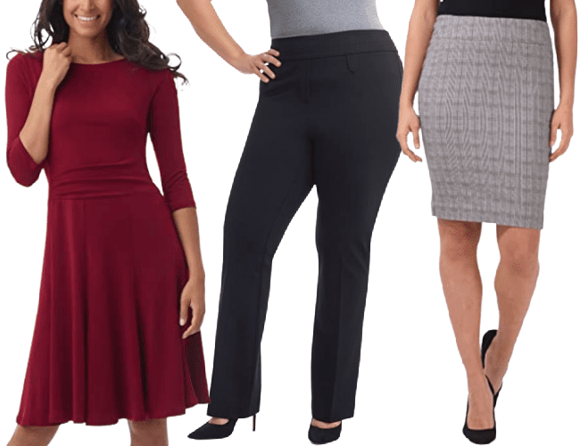 clothes you can buy at amazon for work: a red dress, black bootcut pants, and a pull-on skirt