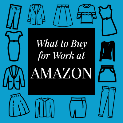 graphic reads "What to Buy for Work at Amazon"; there is a blue background with icons of various workwear clothing items