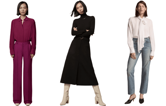 collage of 3 outfits from smaller workwear brand to know about, Me+Em: an all magenta outfit with pants and a blouse, a black turtleneck and wide black skirt, and a white tie-neck blouse styled with blue jeans