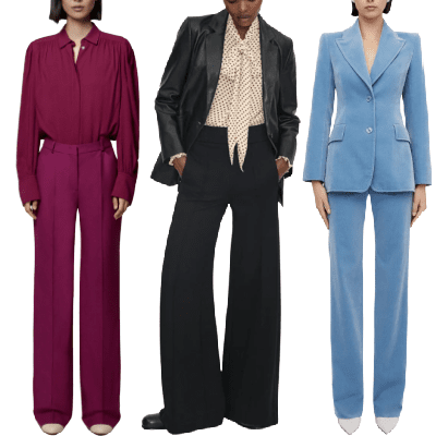 collage of three outfits from smaller workwear brands to know about: an all-magenta outfit from Another Tomorrow, black wide-leg trousers, a blouse and leather jacket from Me+Em, and an ice blue velvet suit from Scanlan Theodore