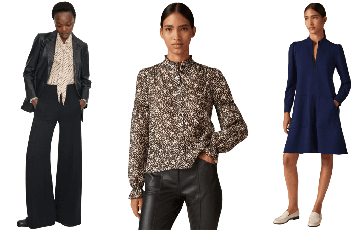 collage of 3 outfits from smaller workwear brand to know about, Me+Em: wide black trousers paired with a tie-neck blouse and leather jacket; a slightly sheer blouse with a frilly neck paired with black leather pants, and a navy blue dress with a zipper detail at the neck paired with white sneakers