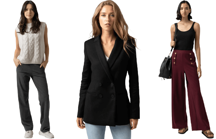 collage of 3 outfits from smaller workwear brand to know about, Saint + Sofia: drapey gray pants with a cream sweater vest, a black double-breasted blazer, and red burgundy pants with military-style buttons