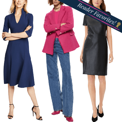 collage of professional women wearing some of the reader favorite workwear finds from last month, including a navy dress, a hot pink tweed blazer, and a black faux leather dress; banner in upper right-hand corner says "Reader Favorites!" with a gold award ribbon