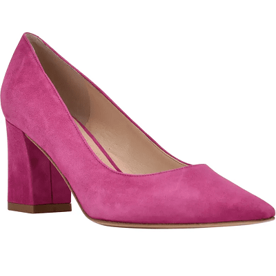 deep pink suede pump with pointed toe and block heel