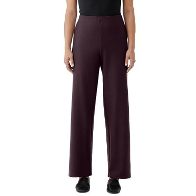 Purple wool pants featuring a streamlined straight-leg cut.