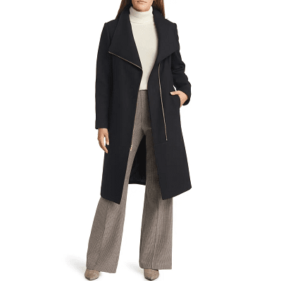black wool coat with asymmetric lapel/zip