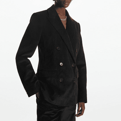 black corduroy double-breasted suit