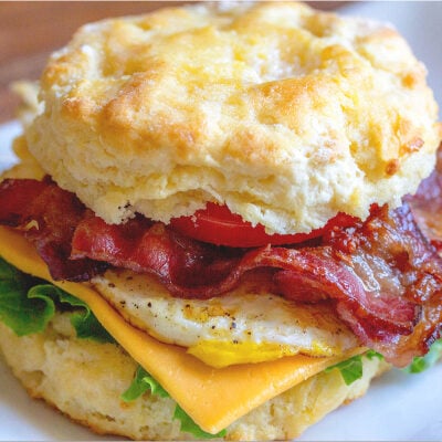 biscuit with egg, cheese, bacon, and lettuce