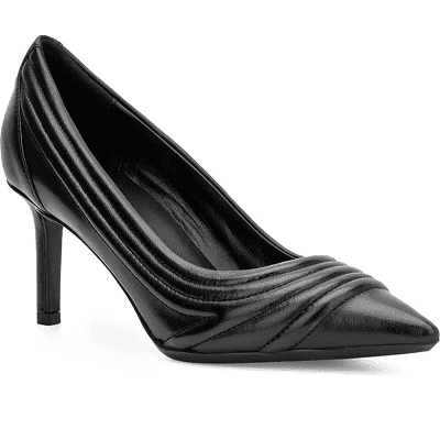 pointed toe black pump with structural leather swoopy details