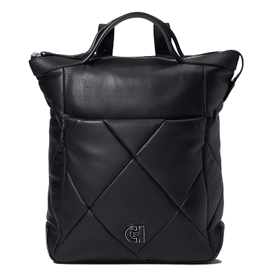 black leather work backpack with quilted details