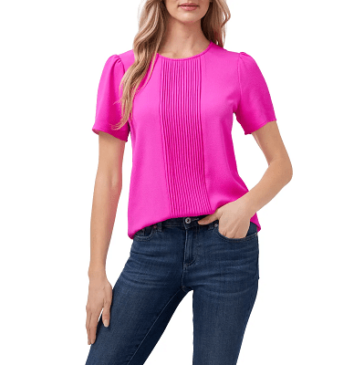 magenta colored blouse from CeCe with pleat details and very slight puff sleeves
