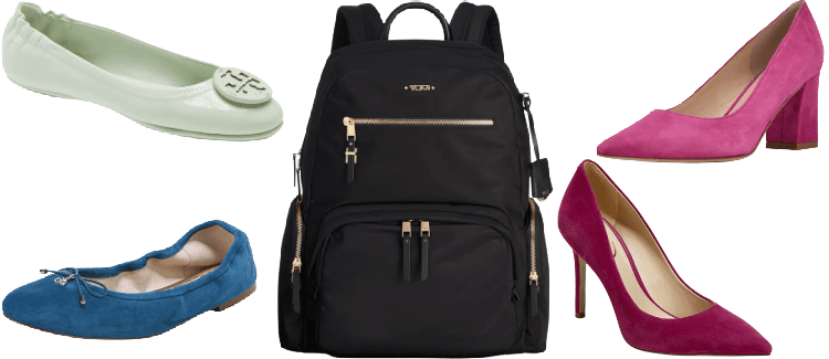 Collage of 4 classic shoes for work and a backpack for work, on sale at NHYS 12-22