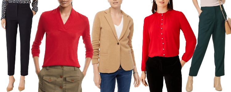 collage of women wearing black pants, red sweater, beige sweater blazer, red blouse with pearlized buttons, and relaxed green high-rise ankle pants 