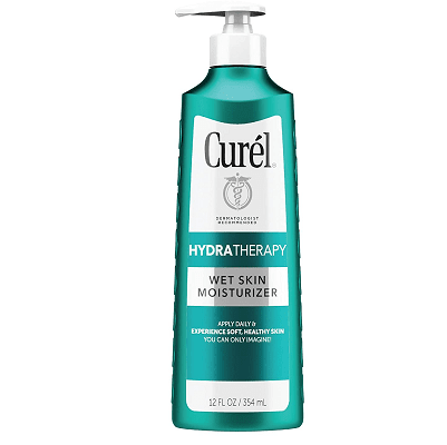 teal bottle reading Curel Hydratherapy Wet Skin Moisturizer