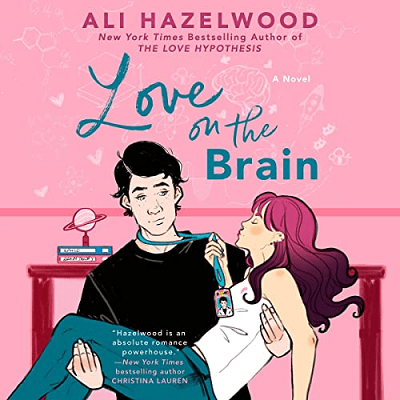 pink book cover titled Love on the Brain; it shows a woman with purple hair being carried by a man wearing a black t-shirt;there are books and a science-y object in the background (Jupiter, probably?) 