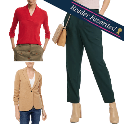 collage of women wearing green pants, red sweater, and beige sweater blazer; graphic in upper right hand corner readers Reader Favorites! with an icon of a gold award after it