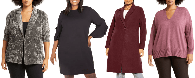 collage of 4 plus-size coats, dresses and sweaters the Dec. 2022 NHYS sale