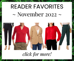 house ad for our roundup of reader favorites - image features collage of women wearing black pants, red sweater, beige sweater blazer, red blouse with pearlized buttons, and relaxed green high-rise ankle pants