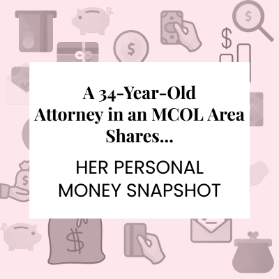 A white square with the text "A 34-year-old attorney in an MCOL area shares... her Personal Money Snapshot," surrounded by a pink border of money-related icons