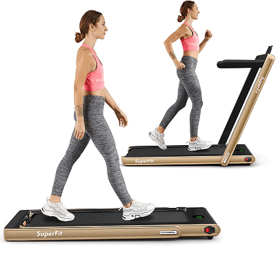woman walks on a beigey folding treadmill; the treadmill can be modified to have handles or not