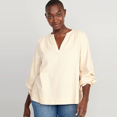 Frugal Friday's Workwear Report: Puff-Sleeve Split-Neck Blouse