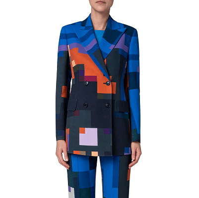 bright, multi-colored suit that looks like pixels of blues, purple, lavender, orange, burgundy, and black