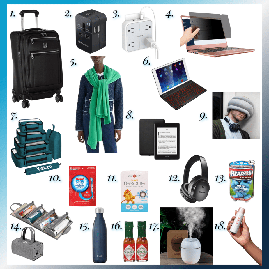 collage of 18 different things readers love for when they travel on business trips