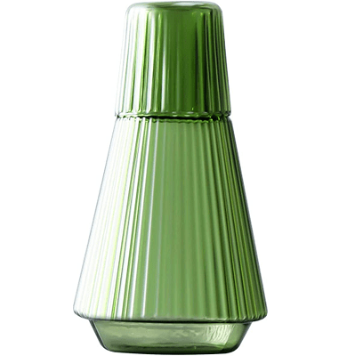 green glass carafe with a removable glass top that can be used as a drinking tumbler; the glass is textured with a striped effect