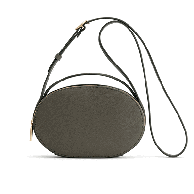 olive green flat oval crossbody bag with wide top handle