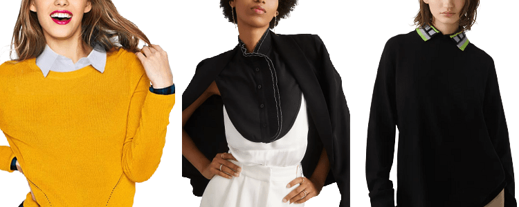 3 women wear fake collars, aka dickies, beneath sweaters for a layered work outfit
