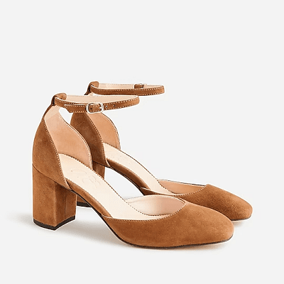 tan suede heels with ankle straps, block heels, and round toes